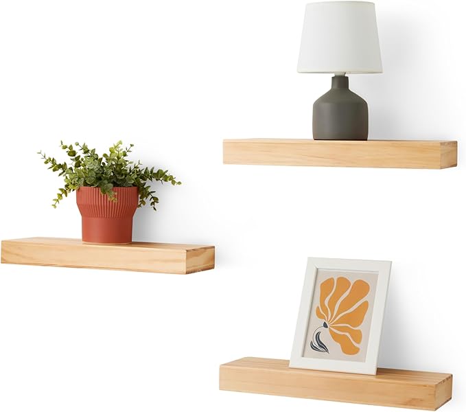 Amazon Basics Wood Floating Wall Shelves, 3-Pack, Pine, 15.8