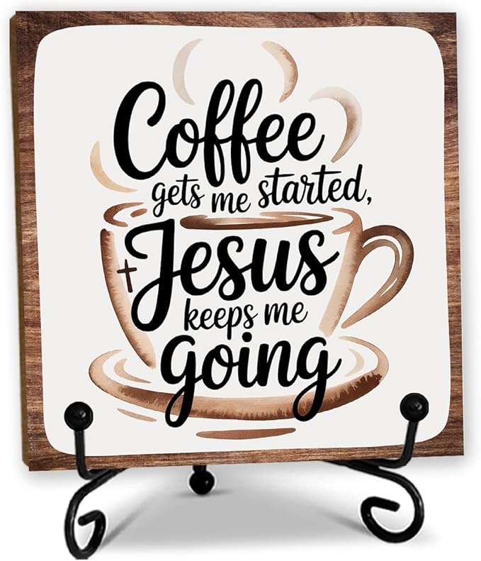 Coffee Gets Me Started Jesus Keeps Me Going - 5'' Rustic Cafe Wooden Sign With Metal Stand - Religion Wooden Plaque Tabletop Decor Gifts For Coffee Lover Christians - Home Kitchen Decor & Supplies-B05