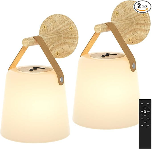 TACAHE Rechargeable Wall Sconce - Plastic Frosted Lampshade - 3 Color Temp & 5 Brightness - Remote Control - 5000 mAh Battery Operated - Cordless Wall Lamp for Camper, RV - Set of 2 (Wood Color)