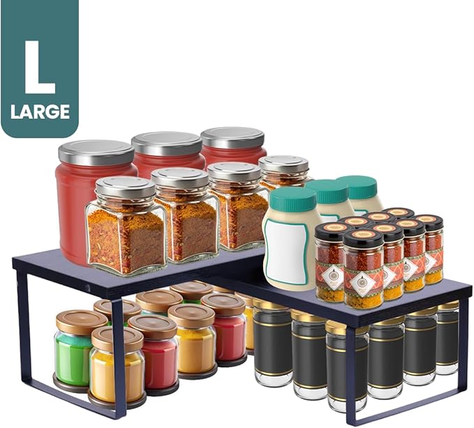 Sben Cabinet Organizer Shelf, Set of 2 Kitchen Counter Shelves, Kitchen Storage, Spice Rack, Stackable, Expandable, Metal and Engineered Wood, Ink Black and Charcoal Black