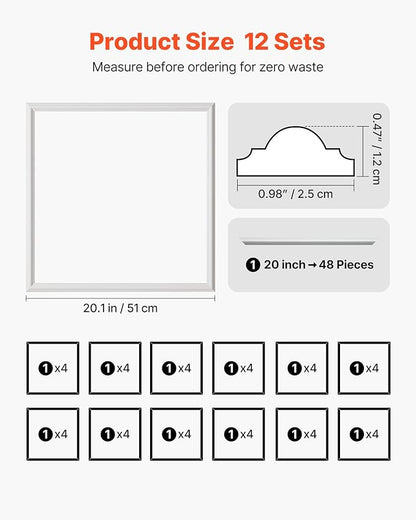 VEVOR Wall Molding 12 Pack, 20 x 20 in Wainscoting Panels Kit, Lightweight Paintable Polystyrene, Easy to Install, Waterproof Accent Wall Trim for Interior Décor Living Room, Bedroom, Home, White