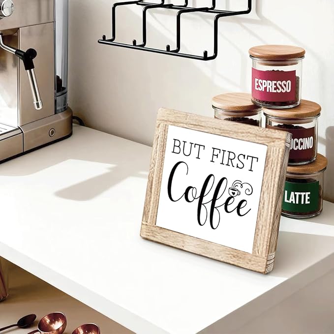 Wood Coffee sign But First Coffee Humorous Coffees Plaque Handmade Wooden Sign For Home Office Kitchen Decoration Rustic Cafe Bar Decor Funny Wall Art Ideal Gift For Coffees Lover 5.9x5.9 inches