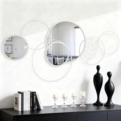 White Wall Mirror Set, 4 Pack Wall Mounted Circle Metal Mirror Round Decorative Modern Mirrors for Living Room Bedroom Entryway Decor 20x40 Inch
