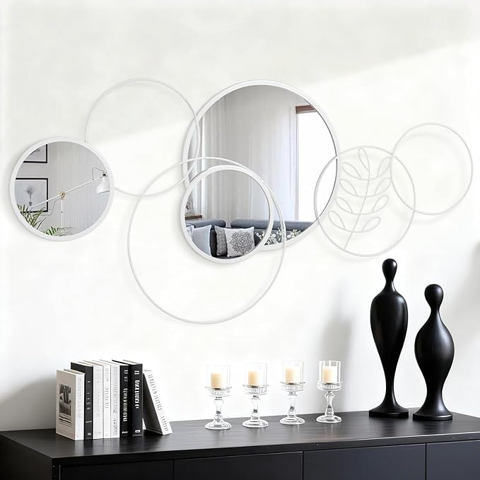 White Wall Mirror Set, 4 Pack Wall Mounted Circle Metal Mirror Round Decorative Modern Mirrors for Living Room Bedroom Entryway Decor 20x40 Inch