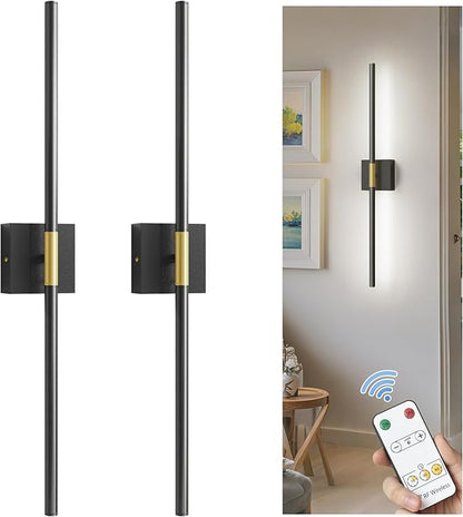 L LOHAS LED Battery Operated Wall Sconces Set of 2, Battery Wall Sconce 10000mAh, Gold and Black Rechargeable Sconces 6000K, 28.3 Inch Wireless Wall Lights, Sconce Wall Decor for Bedroom, Living Room
