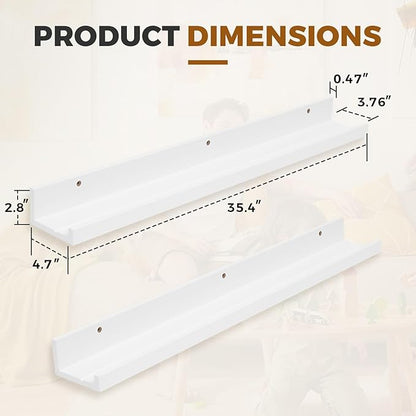 Muzilife 35.4" Large Floating Wall Ledge Shelves with Lip - Set of 2 Wood Floating Shelves - White Wall Mounted Picture Ledge for Office, Bathroom, Bedroom, Living Room, Kitchen