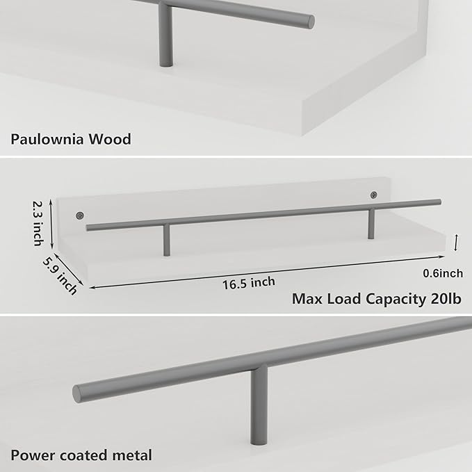 Floating Shelves with Metal Guardrail, Wall Decor Shelves for Bathroom, Living Room and Bedroom, (Black-White) Shelves for Home Decor