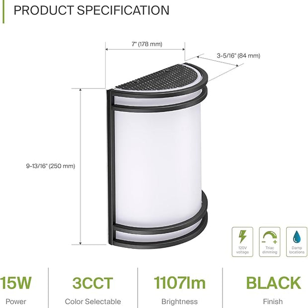 ASD LED Indoor Wall Mount Light Fixture - 10 Inch 15W Modern Interior Matte Black Dimmable Wall Sconce Light - ETL 3000K 4000K 5000K Adjustable - Hallway, Bedroom LED Wall Lights