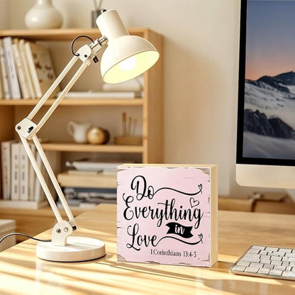 Do Everything In Love Corinthians 13:4-5 Bible Verse Wood Block Plaque Box Sign for Home Living Room Coffee House Bar Shelf Table Office Decoration, Valentine's Day Housewarming Home Decor