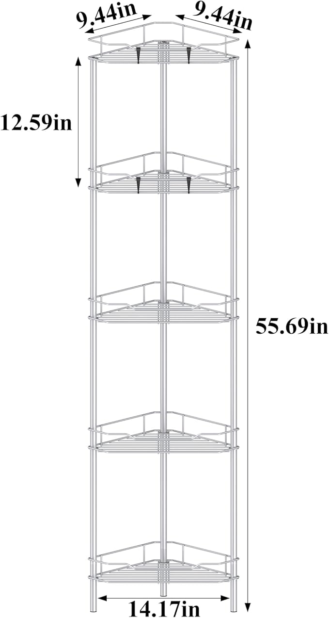 5 Tier Floor Standing Corner Shower Caddy Organizer Shelf with Hooks, Bathroom Shelves Stand Rack, Silver