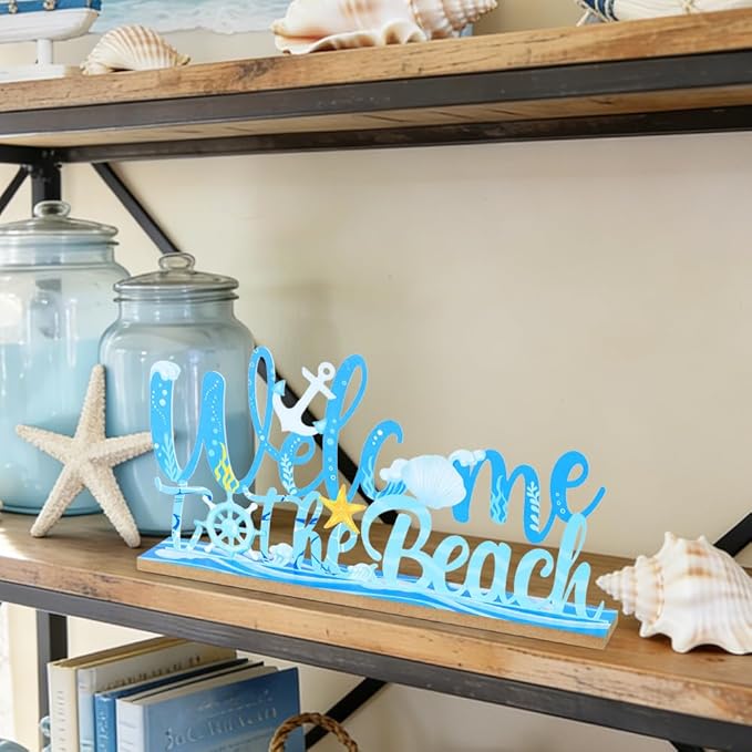 MEETYAMOR Coastal Beach Decor, Wood Metal Welcome to the Beach Sign for Table Decor, Farmhouse Rustic Nautical Ocean Decorations for Home, Living Room, Mantel, Shelf