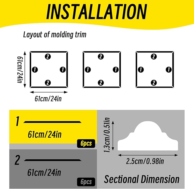 3 Frames 24x24 inches Pre-Cut Wall Moulding Wainscoting Panels, Ready-to-Assemble Decorative Wall Molding & Trim, Premade Picture Frame Molding and Accent Wall Decor