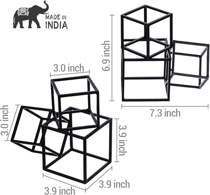 MyGift Modern Black Metal Geometric Bookends, Decorative Book Ends Stands for Home Library Bookshelf Office Desk, 1 Pair, Handcrafted in India, 3 Cube Frame Design