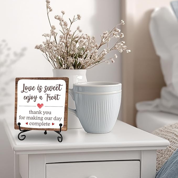 Romantic Decor Wooden Plaque, Love Is Sweet Enjoy A Treat Table Sign With 1 Iron Support For Wedding Party Dessert Table, Wedding Party Bridal Shower Anniversary Valentine's Day Party Decor