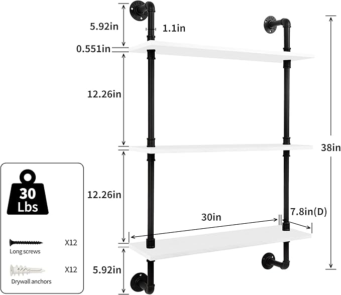 3-Tier Industrial Pipe Floating Shelf – Rustic 30 inch Wood Wall-Mounted Storage Shelf for Kitchen Office,Bathroom & Home Decor -White