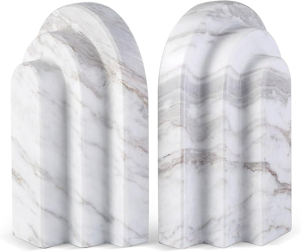 Natural Marble Book Ends - Heavy Duty Bookends for Shelves - Aesthetic Layered Arch Design Stone Book Holders, Modern Office Bookshelf Stopper Decor for Books/CDs (Volakas)