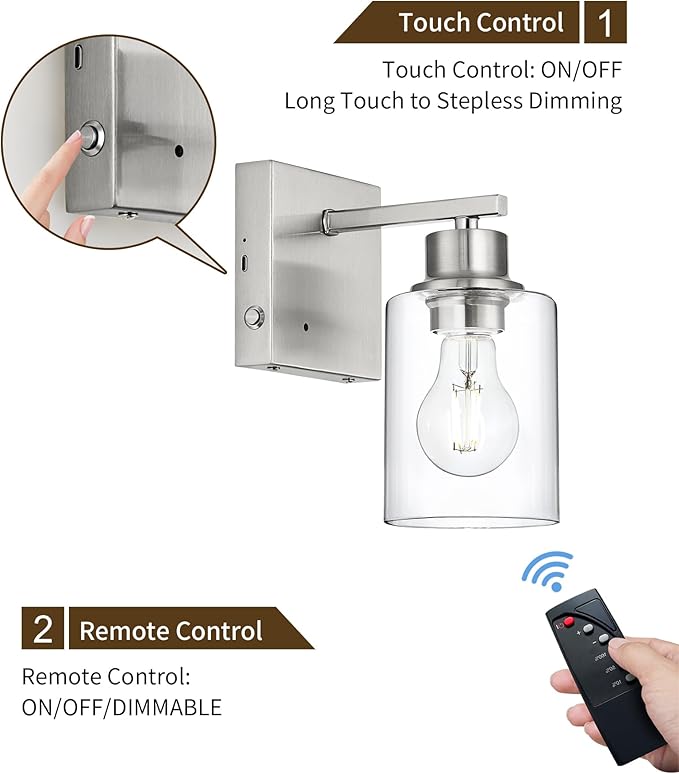 Wireless Wall Sconces, Nickel Battery Operated Wall Sconce Set of 2 with Timer Function, Easy Install Dimmable Rechargeable Wall Lamps for Living Room, Bedroom, Hallway, Entryway Decor 3000K