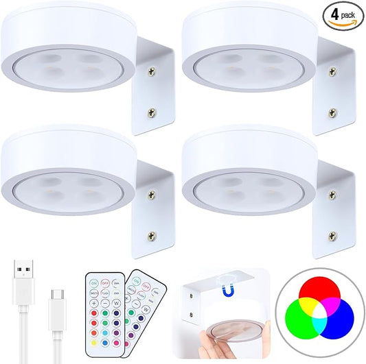4 Pack Wireless Picture Lights for Wall, Magnetic Gold Picture Light Battery Operated with Remote, Dimmable Painting Light for Art Display, RGB Rechargeable Wall Lights for Photo Frame Gallery
