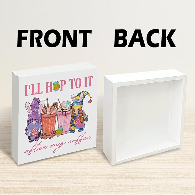 Easter Decorations I'll Hop To It After My Coffee Wooden Box Sign, Funny Bunny Spring Coffee Bar Decor, Farmhouse Easter Desk Shelf Tiered Tray Decor for Home Office 5x5 Inch