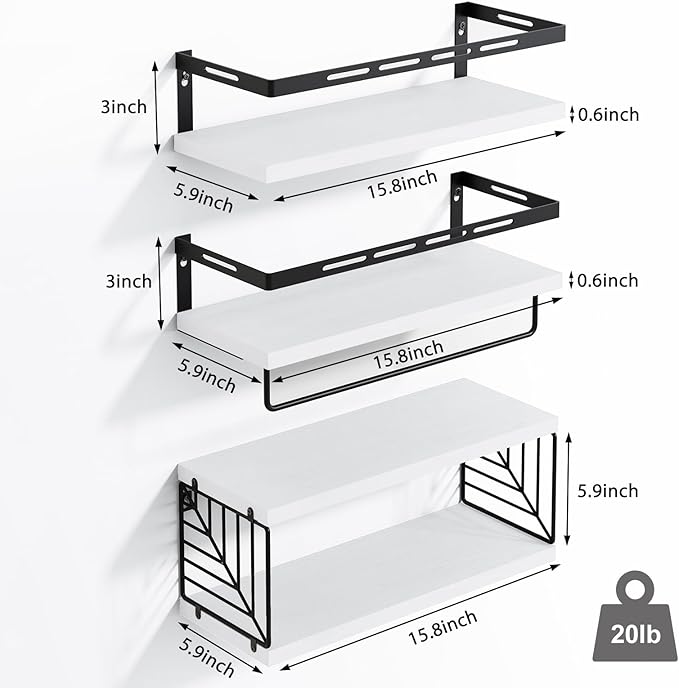 Fixwal Wall Mounted Bathroom Shelves Over Toilet, Rustic Wood Floating Shelves with Metal Frame and Towel Bar for Bathroom, Kitchen, Bedroom, Living Room (White)