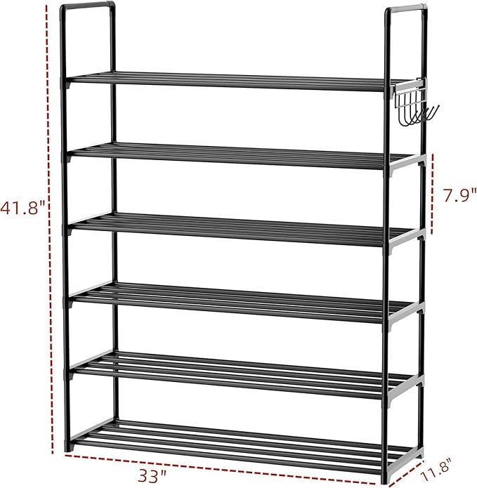 Metal Shoe Organizer,6 Tiers Shoe Storage Shoe Rack with Hooks,Fit 24-30 Pairs,Adjustable Shoe Shelf for Entryway,Hallway,Bedroom,Metal Bottom Support