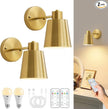 Gold Battery Operated Wall Sconces Set of Two with Remote, Rechargeable Battery Powered Wall Lights, 3 Color Temperature, Dimmable, Modern Wireless Wall Lamps for Bedroom Living Room Hallway
