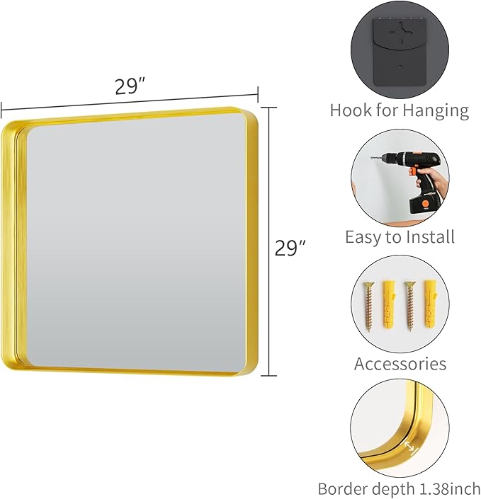 Koonmi Gold Wall Mirror for Bathroom, 29x29 Inch Matte Deep Framed Rounded Rectangle Vanity Mirror for Farmhouse Living Room, Tempered Glass, Anti-Rust, Vertically or Horizontally