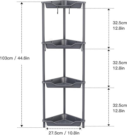 Orimade Rustproof 4 Tier Floor Standing Corner Shower Caddy Organizer, Plastic Metal Splicing Floor Corner Shelf Rack Storage Stands for Bathroom,10.8 x 10.8 x 44.6 inches, Grey