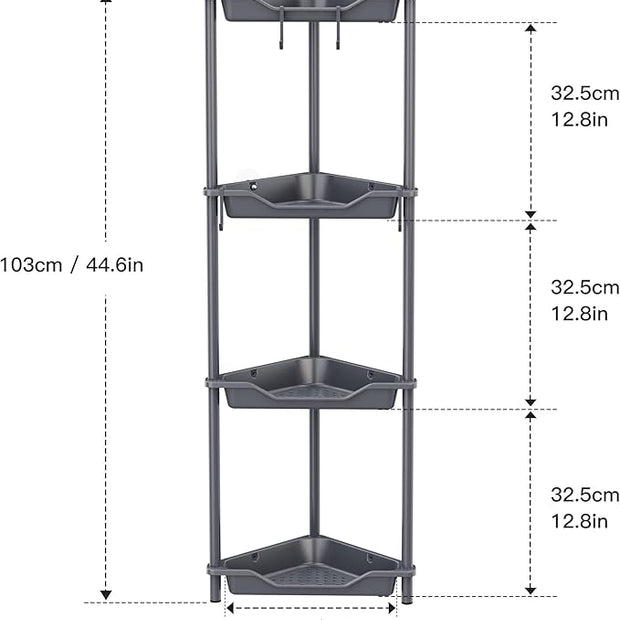 Orimade Rustproof 4 Tier Floor Standing Corner Shower Caddy Organizer, Plastic Metal Splicing Floor Corner Shelf Rack Storage Stands for Bathroom,10.8 x 10.8 x 44.6 inches, Grey