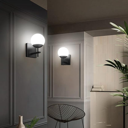 Ralbay Matte Black Wall Sconce, Mid Century Modern Black Wall Light Fixtures Milky Glass Indoor Wall Lamp for Home Decor Bathroom Kitchen Living Room Vanity Hallway, Black 1 Light (Exclude Bulb)