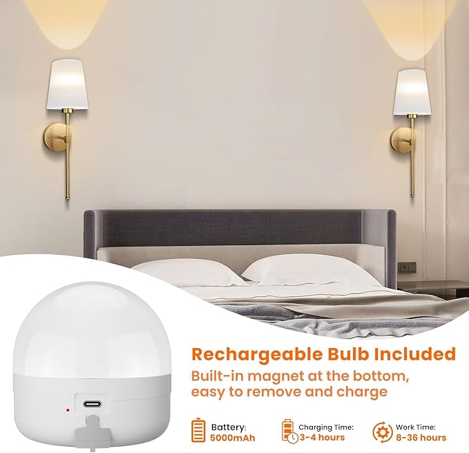 Battery Operated Wall Sconce Set of 2, Rechargeable Wall Lights with Dimmable Detachable Charging Bulbs and Remote, 3 Color Temperature Wireless Sconces for Bedroom Living Room Hallway (Large)