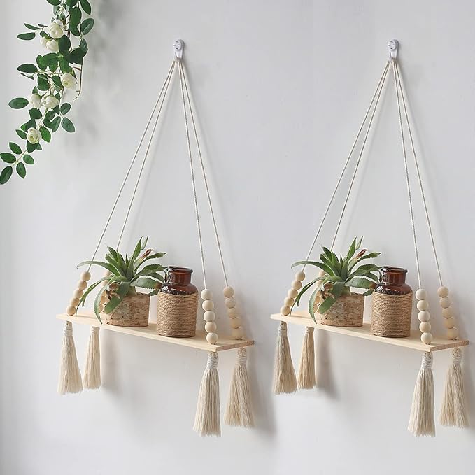 Artilady 2 Pack Wooden Wall Hanging Shelves - Macrame Hanging Plant Shelf with Tassel,Boho Storage Floating Shelves Handmade Rustic Hanger Planter Rack Pot Stand Holder