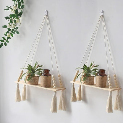 Artilady 2 Pack Wooden Wall Hanging Shelves - Macrame Hanging Plant Shelf with Tassel,Boho Storage Floating Shelves Handmade Rustic Hanger Planter Rack Pot Stand Holder