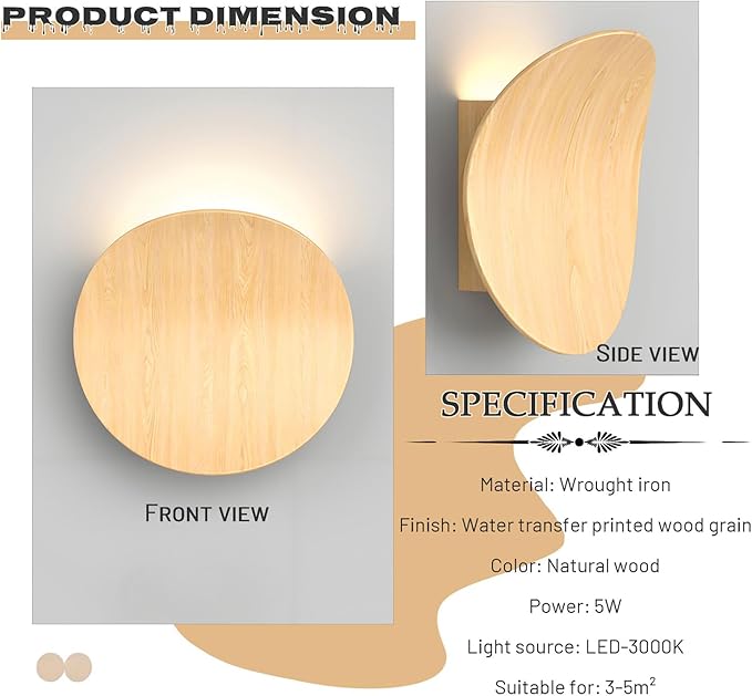 Modern Wall Sconces Natural Wood Grain Wall Lamp Minimalist Sconces Lighting 5W LED Mounted Lamp, Indoor Metal Circular Lighting Fixture for Bedroom Bathroom Stair Entryway
