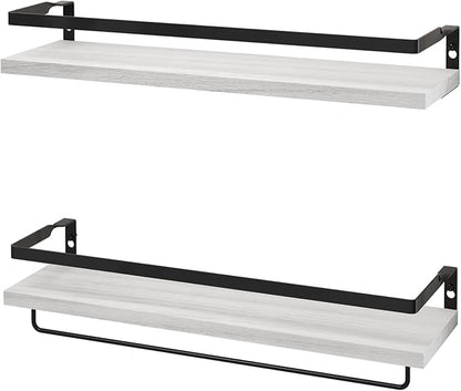 Floating Shelves for Wall, Bathroom Shelves with Towel Bar, Wall Mounted Storage Shelves for Kitchen, Bathroom, Set of 2 White