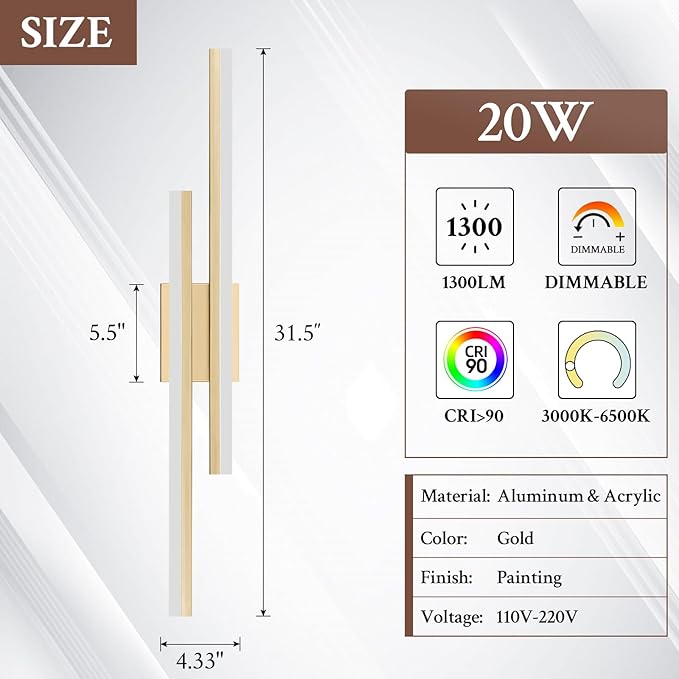 LED Wall Sconce Gold Modern Remote Wall Light Fixtures for Living Room, Dimmable LED Vanity Light Indoor Remote Wall Sconce for Bedside Bedroom Bathroom Dining Room, 31.5inch 1 Pack