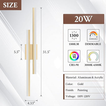 LED Wall Sconce Gold Modern Remote Wall Light Fixtures for Living Room, Dimmable LED Vanity Light Indoor Remote Wall Sconce for Bedside Bedroom Bathroom Dining Room, 31.5inch 1 Pack