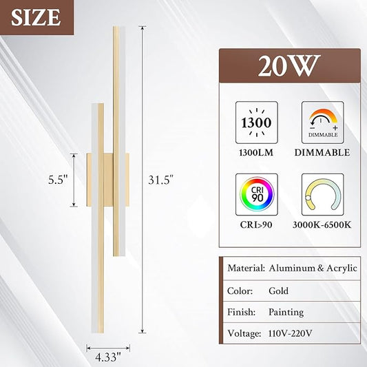 LED Wall Sconce Gold Modern Remote Wall Light Fixtures for Living Room, Dimmable LED Vanity Light Indoor Remote Wall Sconce for Bedside Bedroom Bathroom Dining Room, 31.5inch 1 Pack