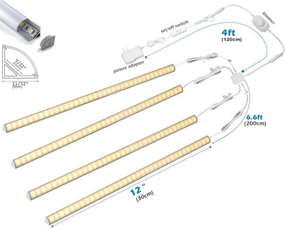 V-Shape Under Cabinet Lighting Kit - 4pcs 12" Dimmable Slim LED Light Bars for Showcase Shelf Seamless Illumination - 1200lm, 12W - Warm White 3000K