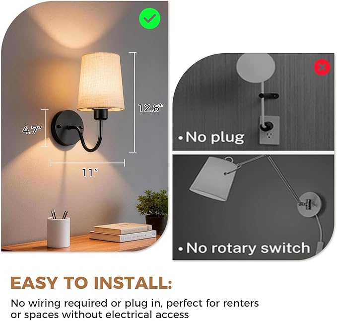 Battery Operated Wall Sconce Set of 2, Rechargeable Wall Sconces with 10000mAh Dimming Magnetic Bulb, Wireless Battery Powered Wall Lights with Pleated for Bedroom Living Room Gallery Hallway,Black