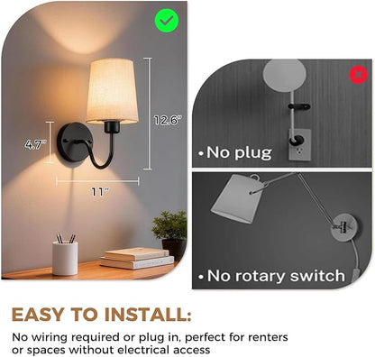 Battery Operated Wall Sconce Set of 2, Rechargeable Wall Sconces with 10000mAh Dimming Magnetic Bulb, Wireless Battery Powered Wall Lights with Pleated for Bedroom Living Room Gallery Hallway,Black