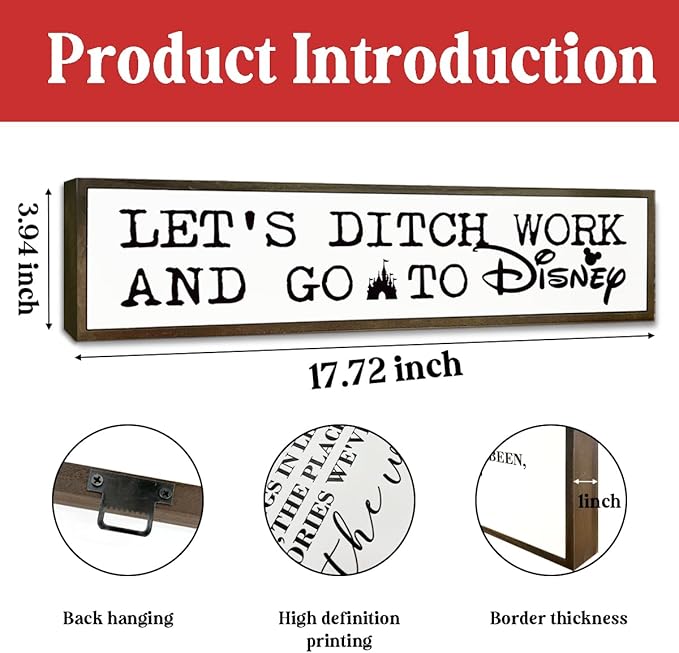 WKYAER Funny Work Decor Sign, Decorative Wooden Table Signs, Wall Decor Art, Humorous Office Decoration, Wooden Box Signs for Home Decors, Coworker Bestie Gift, Let's Ditch Work and Go to Disney Sign