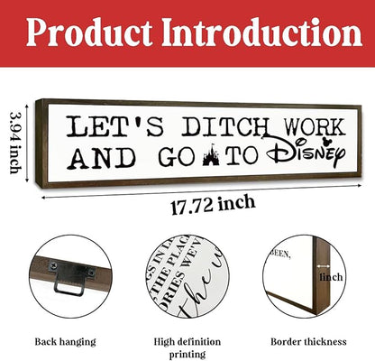 WKYAER Funny Work Decor Sign, Decorative Wooden Table Signs, Wall Decor Art, Humorous Office Decoration, Wooden Box Signs for Home Decors, Coworker Bestie Gift, Let's Ditch Work and Go to Disney Sign