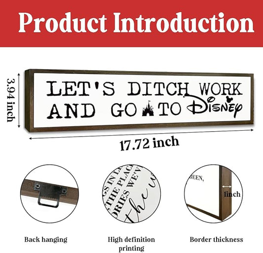 WKYAER Funny Work Decor Sign, Decorative Wooden Table Signs, Wall Decor Art, Humorous Office Decoration, Wooden Box Signs for Home Decors, Coworker Bestie Gift, Let's Ditch Work and Go to Disney Sign