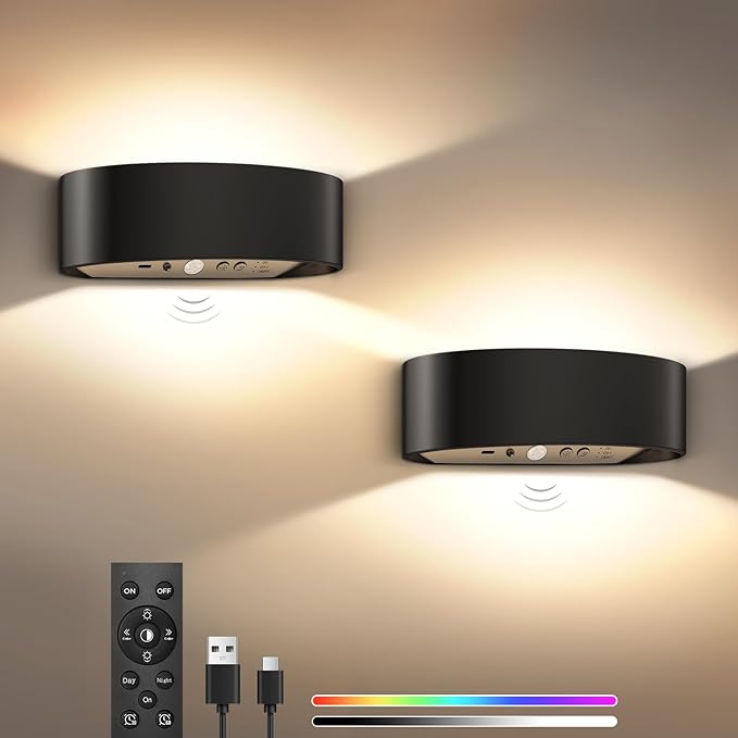 Motion Sensor Wall Sconces Set of 2, Rechargeable 5000mAh Battery Operated Wall Light with Remote Control 3 Colors Temperatures & Dimmable 15 RGB Colors Up and Down Wireless Wall Mount Light