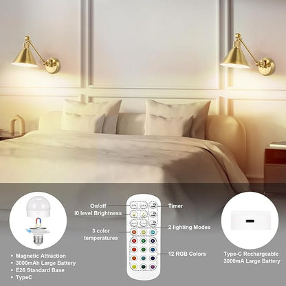 TRLIFE Rechargeable Battery Operated Wall Sconces, Dimmable and Adjustable Color Temperature Wireless Wall Sconces Set of 2 with Remote Control, Gold Swing Arm Wall Light for Bedroom Bedside Hallway