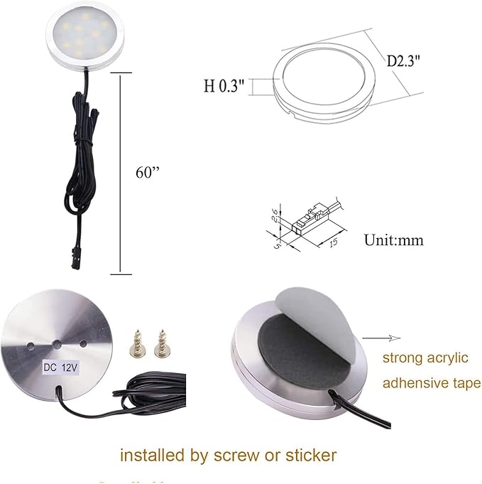 AIBOO Under Cabinet LED Puck Lighting Kit Black Cord with Touch Dimmer Switch for Kitchen Showcase Cupboard Closet Lighting 3 Lights 6W (Warm White)