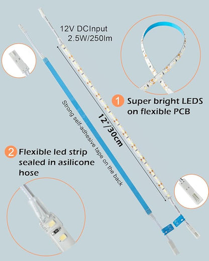 Under Cabinet Lighting, (8) Linkable 12-Inch Flexible LED Light Strips Kit, 20W 2000lm Daylight White, Durable LED Lights for Bookcases, Cabinets, Pantries, Showcase, Closet (Warm White)
