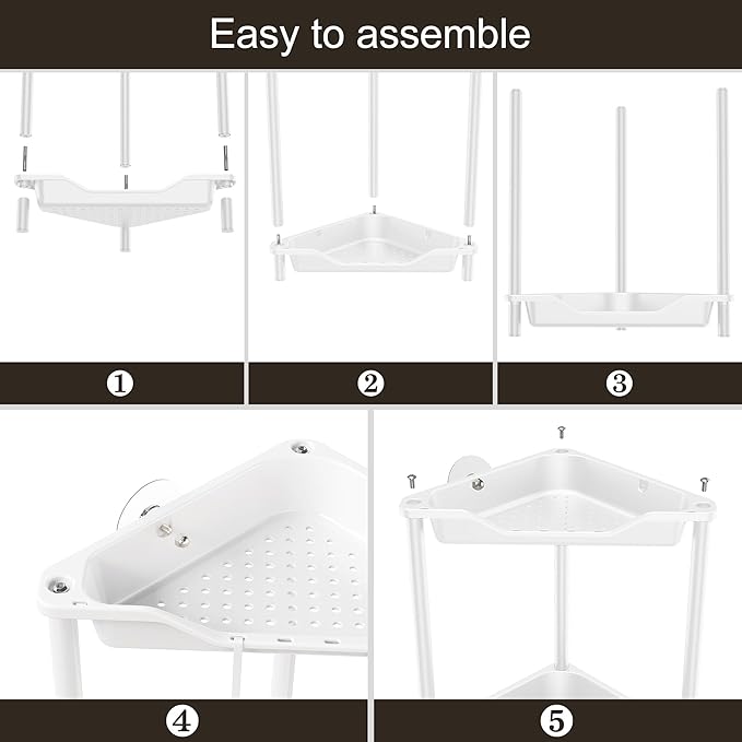 Orimade Rustproof 2 Tier Floor Standing Corner Shower Caddy Organizer, Plastic Metal Splicing Floor Corner Shelf Rack Stands for Bathroom, White