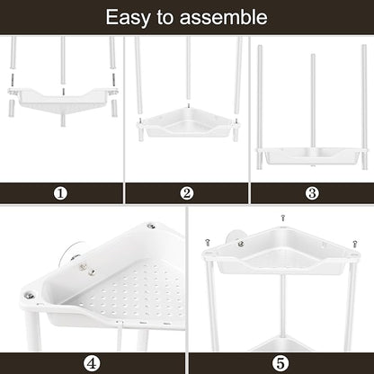 Orimade Rustproof 2 Tier Floor Standing Corner Shower Caddy Organizer, Plastic Metal Splicing Floor Corner Shelf Rack Stands for Bathroom, White